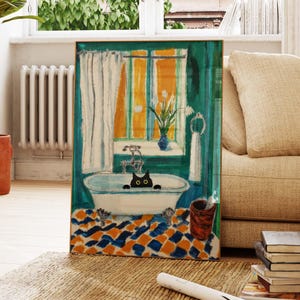 Stampa di un gatto da bagno, poster divertente del dipinto di Matisse "Peekaboo" nella vasca da bagno, decorazione da parete per il bagno, regali per gli amanti dei gatti PS0648