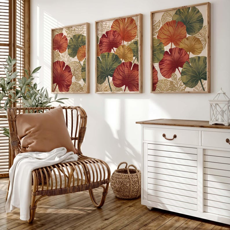 Botanical Wall Art Set of 3, Boho Leaf Prints, Terracotta Green Gallery ...