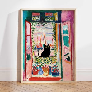 Henri Matisse Cat Print, Matisse Open Window Cat Poster, Black Cat Art, Floral Print, Funny Cat print, Funny gift, Home decor Poster PS0052