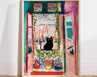 Henri Matisse Cat Print, Matisse Open Window Cat Poster, Black Cat Art, Floral Print, Funny Cat print, Funny gift, Home decor Poster PS0052