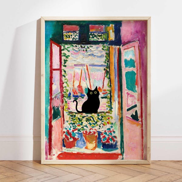 Lámina de gato de Henri Matisse, póster de gato de Matisse con ventana abierta, arte de gato negro, estampado floral, estampado divertido de gato, regalo divertido, póster de decoración del hogar PS0052