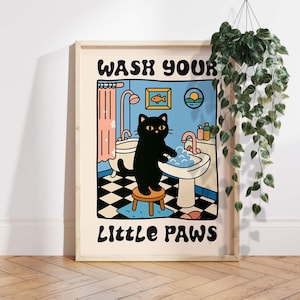 Wash Your Paws 猫プリントギフト、かわいいバスルーム猫ウォールアート、面白い猫ポスター、かわいい猫の装飾、黒猫好きへのギフト、子供用バスルームアート PS0750
