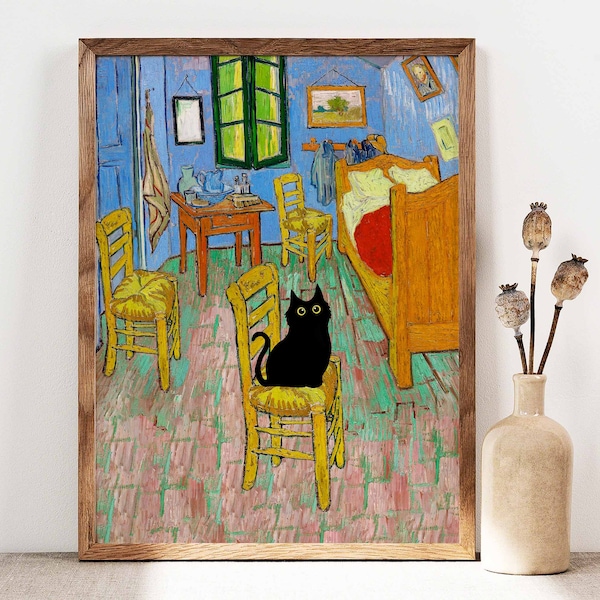 Vincent Van Gogh's The Bedroom Cat Print, Van Gogh Cat Poster, Black Cat Art, Funny Cat print, Funny gift, Home decor Poster PS0204