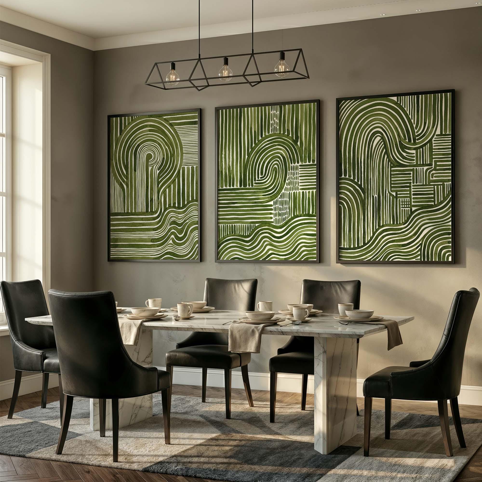 Abstract Green Wall Art Set of 3, Mid Century Modern Line Print Trio ...