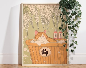 Ginger cat in bathtub Japanese bathroom decor, Orange Cat Japan art print, Aesthetic wall art, minimalist poster, Cat Lover Gift PS0681