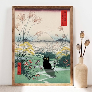 Affiche de la plaine d'Otsuki du chat noir dans la province de Kai, oeuvre d'art d'Hiroshige, impression de chat japonais, art japonais, affiche du mont Fuji de la période Edo PS0307