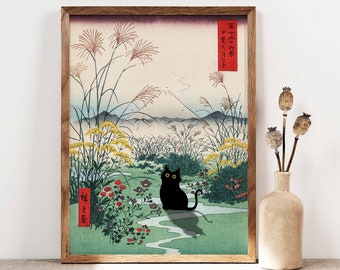 Black Cat Otsuki Plain in Kai Province Poster, Hiroshige Artwork, Japanese Cat Print, Japanese Art, Edo Period Mount Fuji Poster PS0307