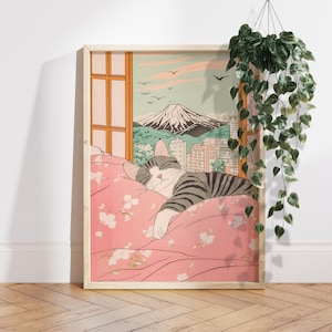 Impresión japonesa de gato atigrado gris durmiendo y el monte Fuji, póster de paisaje japonés, arte mural estético de gato descansando, regalo único para amantes de los gatos PS0728