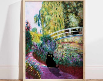 Monet Garden Cat Print, Claude Monet Flowers Cat Poster, Irises Cat Art, Floral Print, Funny Cat print, Funny gift, Home decor Poster PS0284