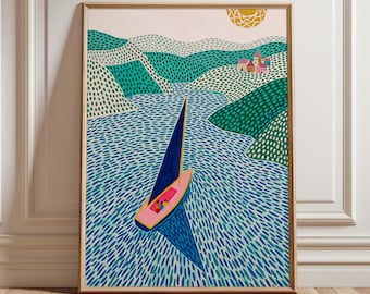 Sailboat Landscape Print, Colorful Coastal Lake Art, Modern Mediterranean Decor