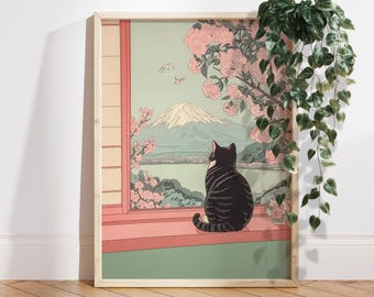 Gato atigrado y Monte Fuji - Estampa japonesa, Póster de paisaje japonés, Arte de pared estético, Póster minimalista neutro, Regalo único para amantes de los gatos