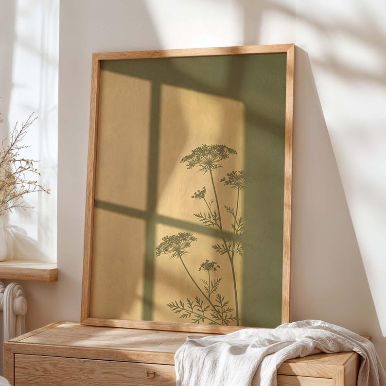 Väggkonst med fönsterskugga i vildblomma, botaniskt tryck med drottning Annes spets, affisch med senapsgult fönsterljus, olivgrön Japandi-dekor bild 5