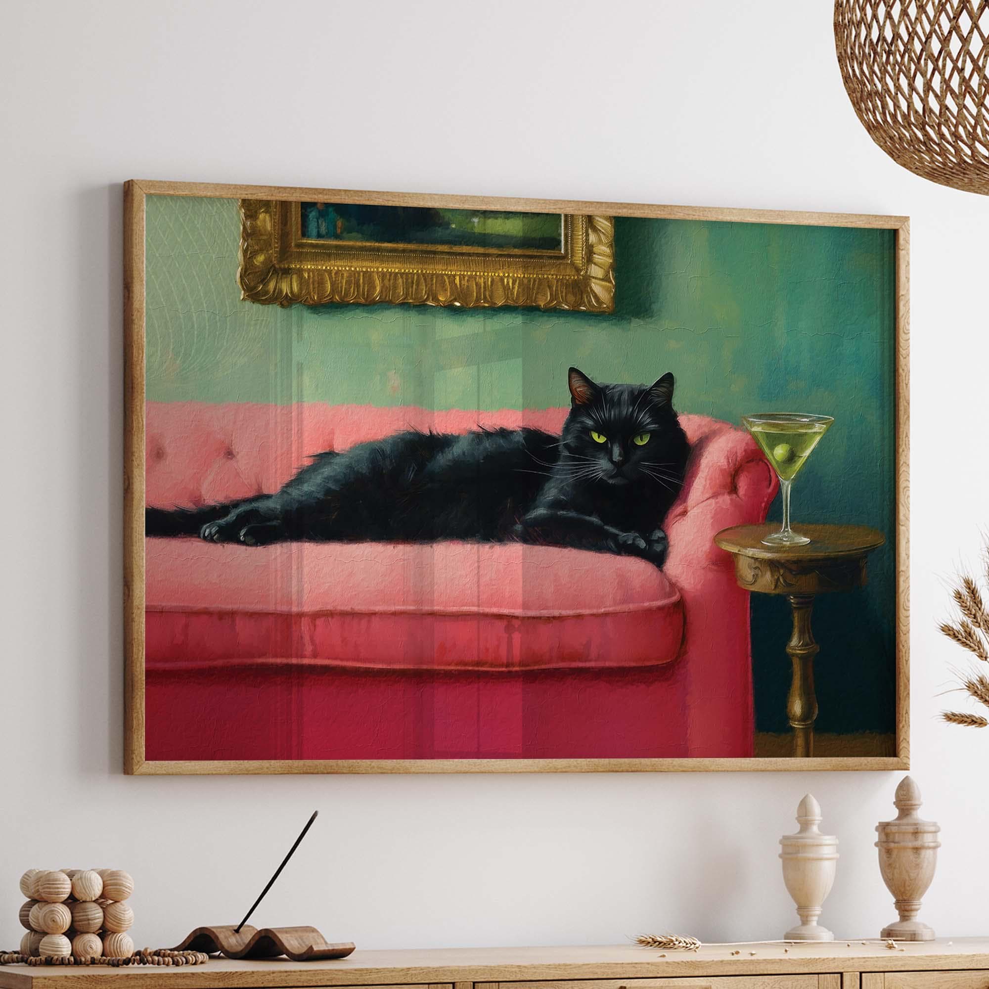 Black Cat With Martini Art Print, Cute Quirky Whimsical Wall Art, Pink ...