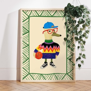 Cool Duck Basketball Nursery Wall Art, Goose Hipster Animal Print for Kids Room, Fun Toddler Boy Decor, Colorful Duck Poster, Play Room Art