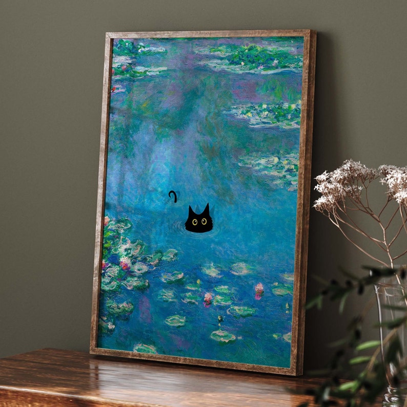 Monet Waterlily Cat Print, Claude Monet Cat Poster, Black Cat Art, Floral Print, Funny Cat print, Funny gift, Home decor Poster PS0016 image 4