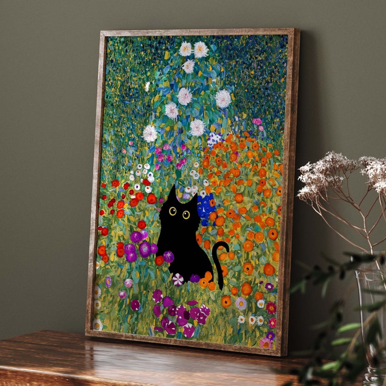 Gustav Klimt Garden Cat Print, Klimt Flowers Cat Poster, Black Cat Art, Floral Print, Funny Cat print, Funny gift, Home decor Poster PS0501 image 5