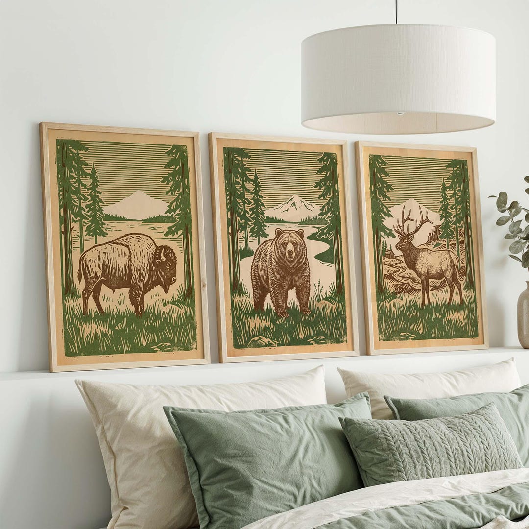 Rustic Wildlife Wall Art Set, Bear Bison Elk Forest Lodge Prints - Etsy