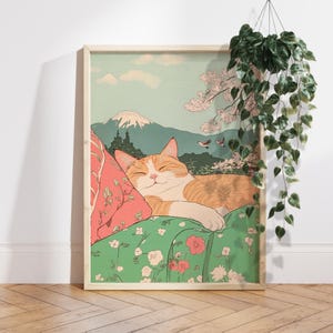 Schlafende, rotgetigerte Katze vor dem Berg Fuji – japanischer Kunstdruck, Japan-Landschaftsposter, ästhetische Wanddekoration mit ruhender orangefarbener Katze – Geschenk für Katzenliebhaber