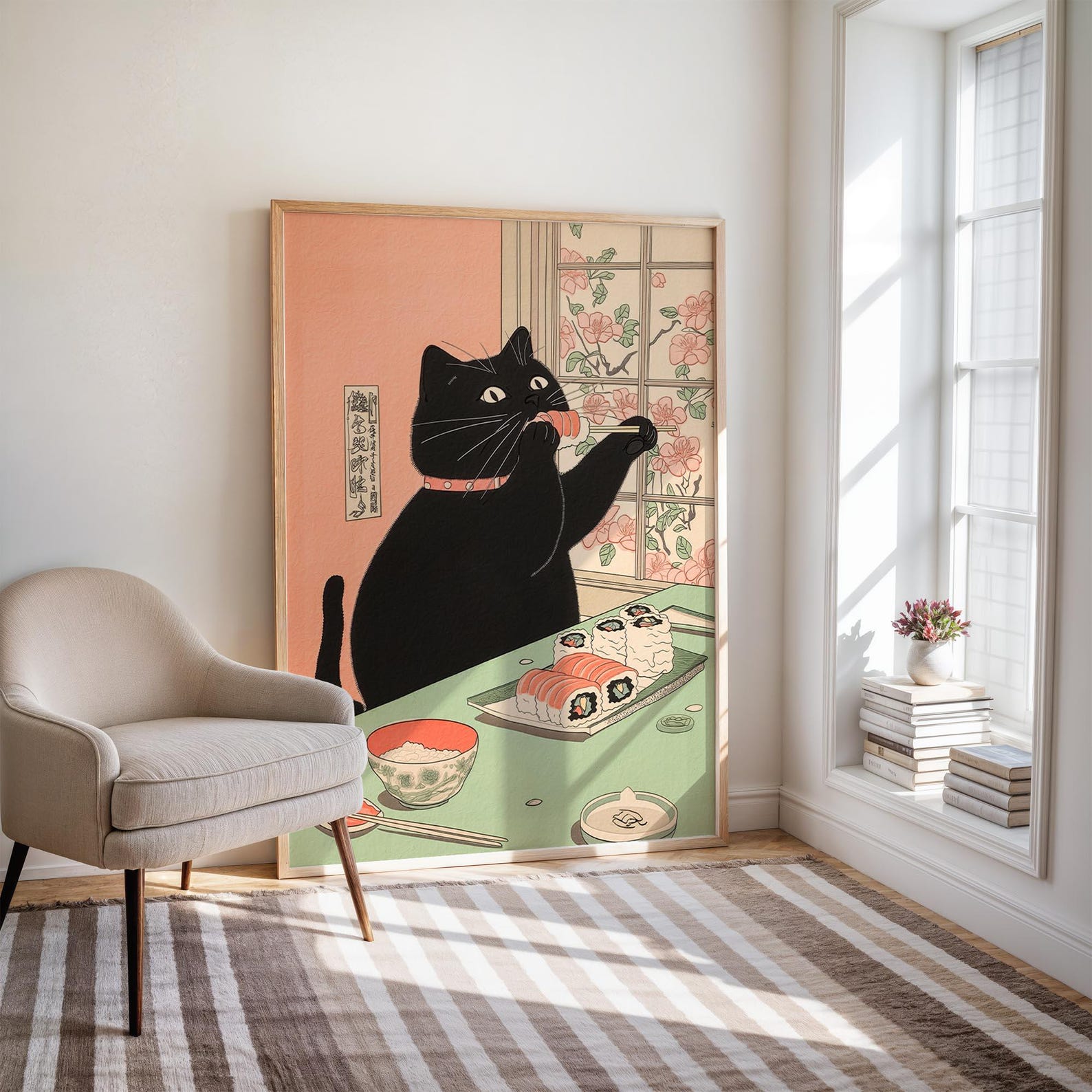 Japanese Black Cat Eating Sushi Art Print, Japan Wall Decor, Neutral ...