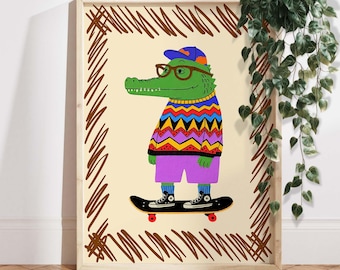 Cool Alligator Skateboard Nursery Wall Art, Crocodile Hipster Animal Print for Kids Room, Colorful Toddler Boy Bedroom Decor, Play Room Art