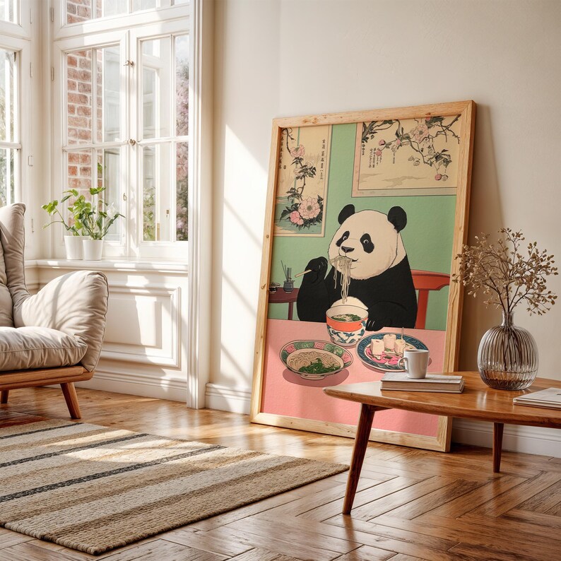 Panda Eating Noodles Japan Art Print, Japanese Wall Decor, Neutral ...