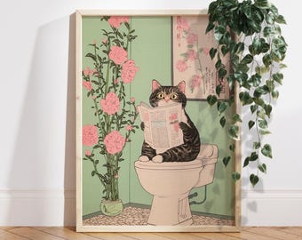 May include: A black and white cat sits on a white toilet, reading a newspaper. The cat is in a bathroom with green walls and pink flowers in a vase.