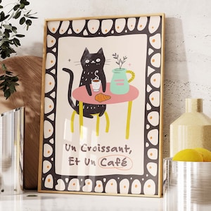 Stampa di gatto con croissant da caffè francese, poster di bevande retrò, poster di caffè da bistrot, Un Cafe Sil Vous Plait, decorazioni per la cucina, arte del gatto nero TR014