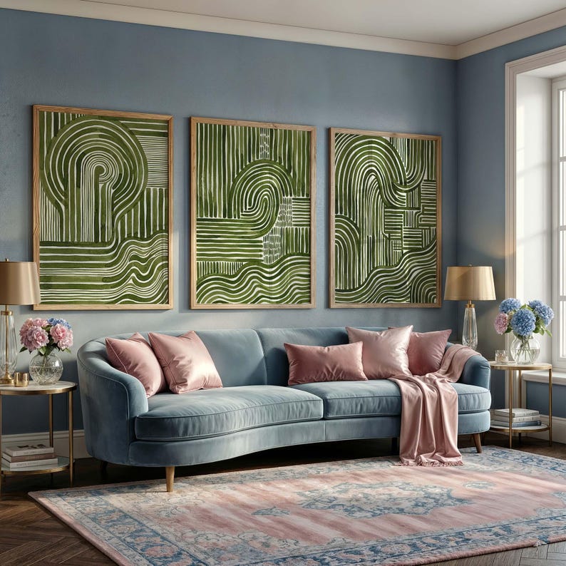 Abstract Green Wall Art Set of 3, Mid Century Modern Line Print Trio ...