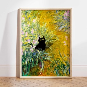 Black Cat Print, Funny Cat Poster, Cat Art, Claude Monet Irises Cat Wall Art, Flowers Funny Cat print, Funny gift, Cat and Flowers PS0465