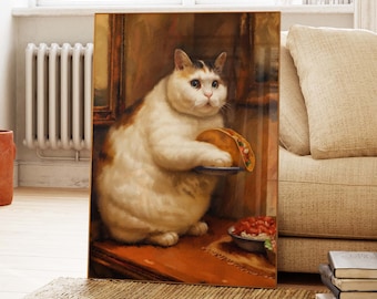 Dikke kat met taco's Vintage schilderij Altered Art Grappige kattenposter Body Positive poster Cadeau voor kattenliefhebbers Altered Art Eclectische muurdecoratie PS0579