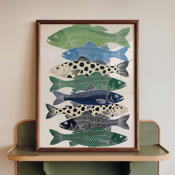 Stacked Fish Wall Art Print, Coastal Nautical Marine Life Illustration