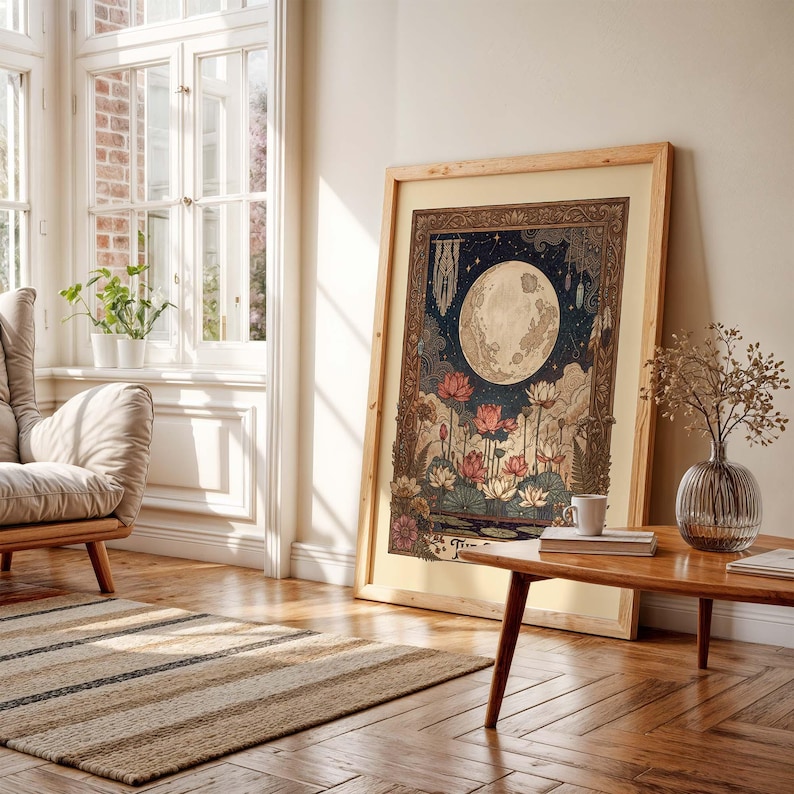 May include: A framed art print depicting a full moon, lotus flowers, and a starry night sky. The artwork has a vintage aesthetic with a light wood frame. The colour palette includes blues, pinks, and earth tones, creating a serene and decorative piece.