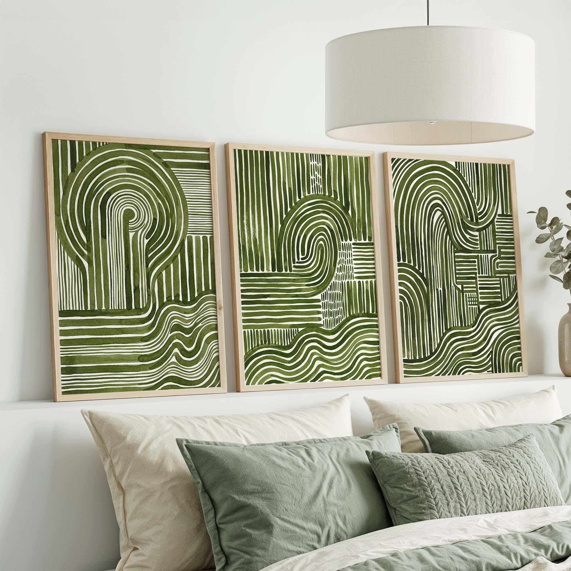 Abstract Green Wall Art Set of 3, Mid Century Modern Line Print Trio ...