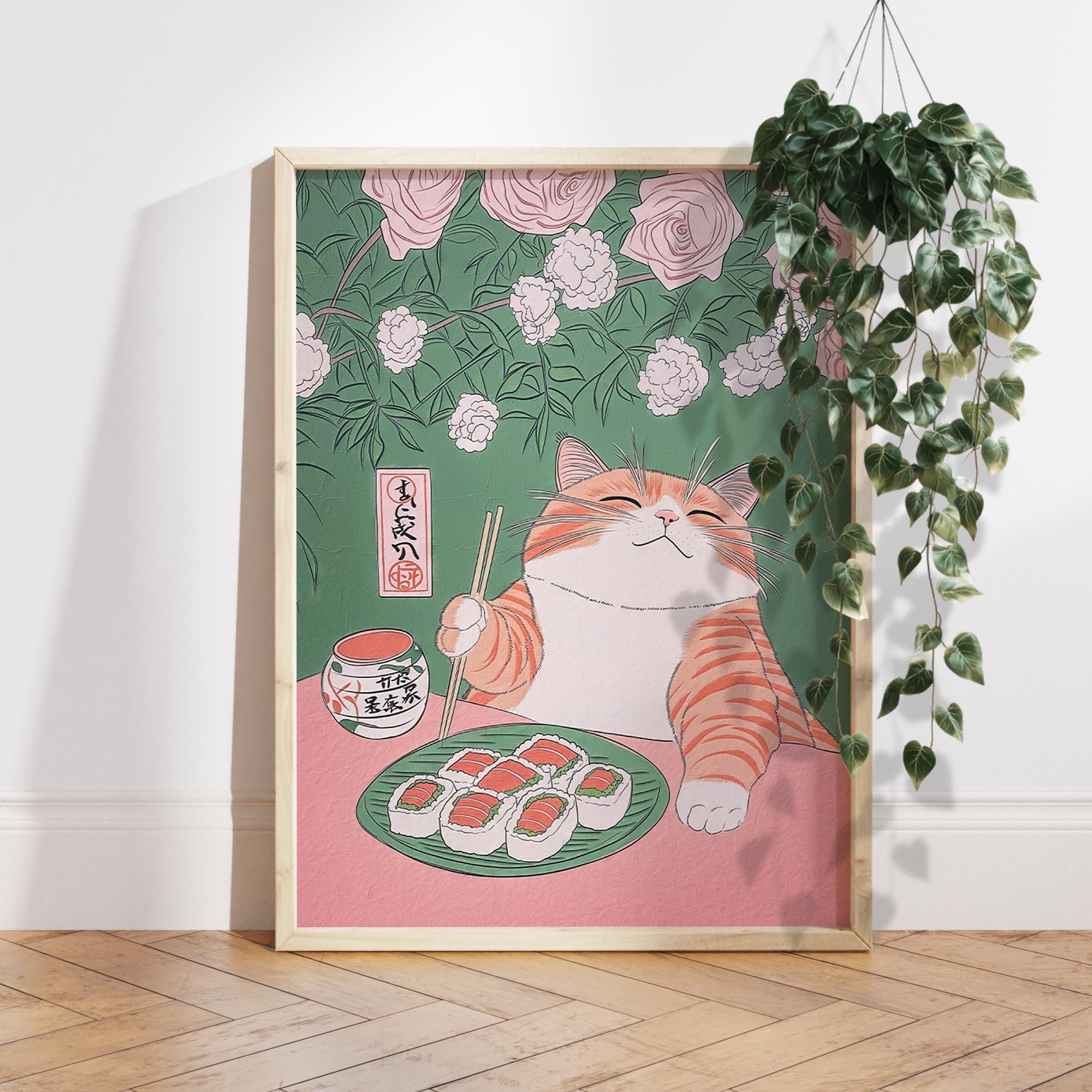 Orange cat eating sushi, Japan art print, Japanese wall decor, Neutral minimalist poster, Aesthetic wall art, Unique Cat Lover Gift PS0667