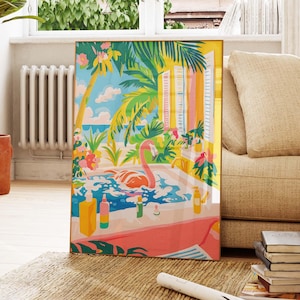 Flamingo in bathtub poster, Dopamine decor, Matisse print, Maximalist Tropical bathroom wall art Pink beachy art print, Bird art Gift PS0737