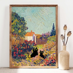 Zwarte kat kunst, Van Gogh tuinkat print, cottage bloemen zwarte kat poster, grappige kat print, grappig cadeau-idee twee katten op de rug schilderij PS0516