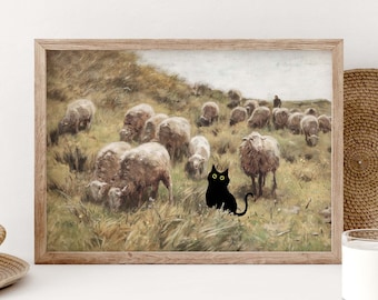 Póster de gato negro y oveja, póster de paisaje, arte de gato negro, lámina de gato divertida, gato adorable, regalo divertido, póster de decoración para el hogar, idea de regalo PS0328