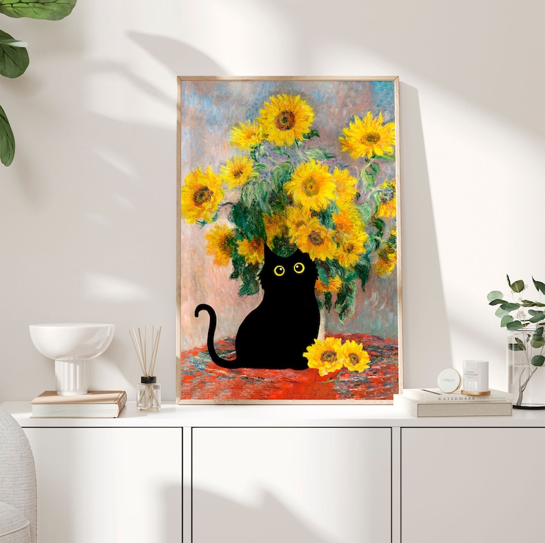 Impression de chat tournesols de Claude Monet, affiche de chat de Monet, art de chat noir, impression florale, impression de chat drôle, cadeau drôle, affiche de décoration intérieure PS0342 image 5