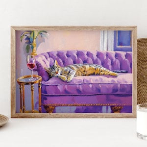 赤ワインを飲んだトラ猫のアートプリント、かわいくて風変わりな壁アート、紫のアートバーカートの装飾、猫好きの方へのファインアートプリントギフト PS0661