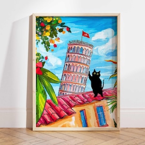 Tower of Pisa with Black Cat Print, Italy Art Poster, Funny Italian Travel Cat Home Wall Art, Cat in Painting, Travel Cat Lover Gift PS0623