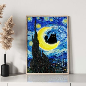 Vincent Van Gogh's The Starry Night Cat Print, Van Gogh Cat Poster, Black Cat Art, Funny Cat print, Funny gift, Home decor Poster PS0183 image 5