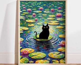 Black Cat Poster, Monet Waterlily Cat Print, Claude Monet Cat Poster, Cat Art, Funny Cat print, Funny gift Idea, Home decor Poster PS0524