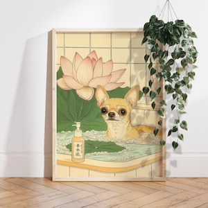 Fawn Chihuahua in Bathtub Bathroom Print, Japanese dog gift, Japandi decor art Poster, Lotus Flower Neutral wall decor Dog Lover Gift PS0746