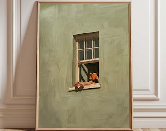 Woman Reading in Window Print, Sage Green Nook Wall Art, Minimalist Book Lover Decor