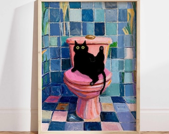 Black Cat on Pink Toilet Poster - Playful Pink Restroom Art, Bathroom Wall Art for Cat Lovers Gift, Cat lovers Gifts, Black Cat Gift  PS0619