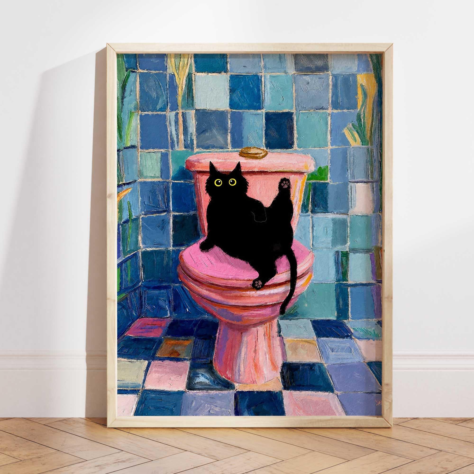 Black Cat on Pink Toilet Poster - Playful Pink Restroom Art