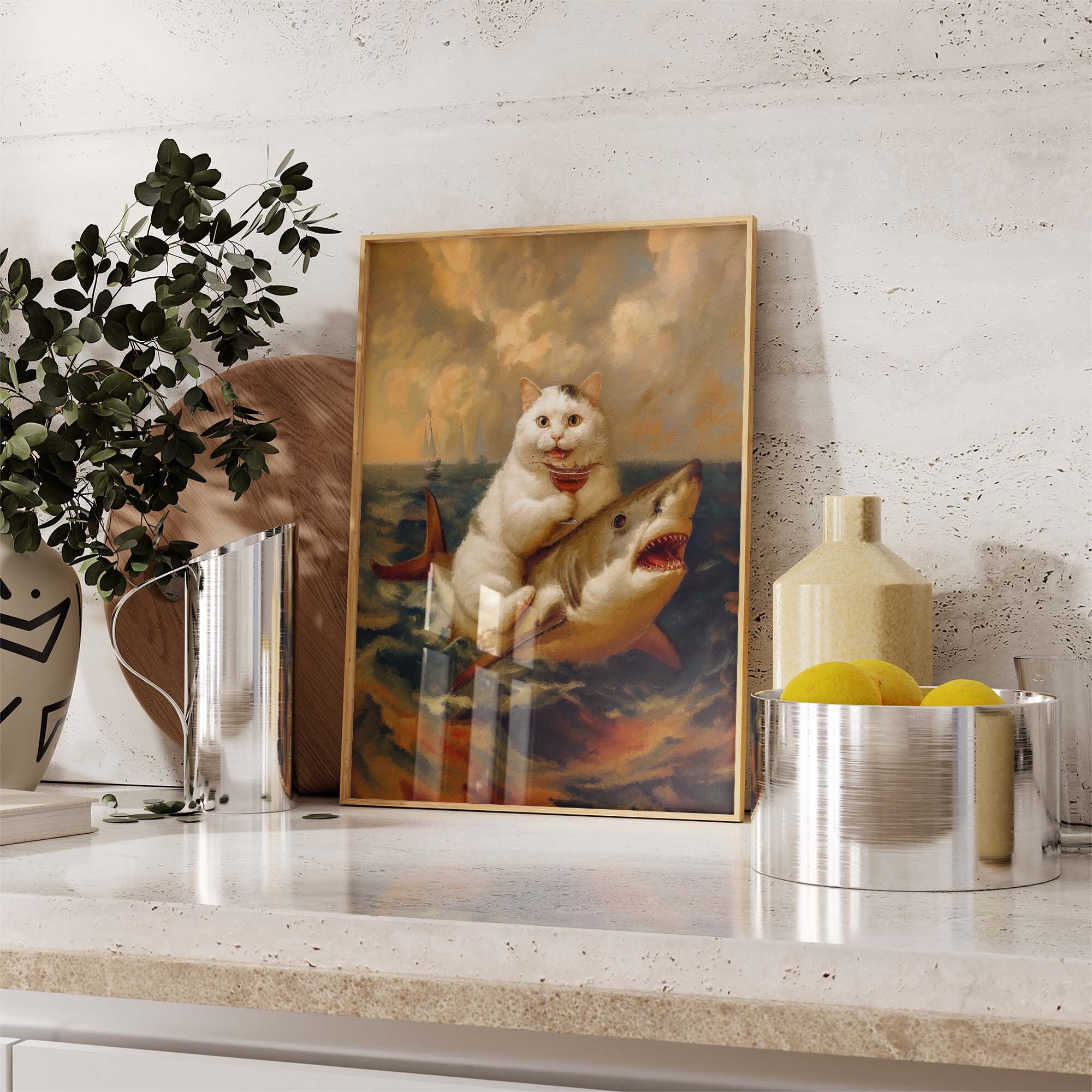 Cat Riding a Shark With a Glass of Drink Painting Fat Cat Vs. Shark ...
