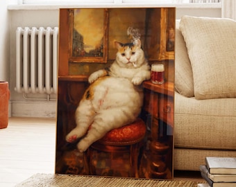 Puede incluir: Una pintura de un gato sentado en un taburete de bar con un vaso de cerveza en su pata. El gato lleva un collar y tiene un cigarrillo en la boca. La pintura está ambientada en un bar con un fondo de madera oscura.