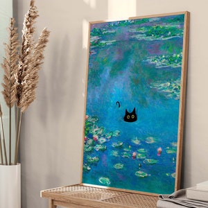 Monet Waterlily Cat Print, Claude Monet Cat Poster, Black Cat Art, Floral Print, Funny Cat print, Funny gift, Home decor Poster PS0016 image 2