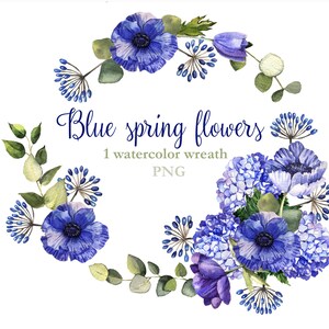 Watercolor Blue flowers wreath - clip art PNG- delicate flowers -spring flowers- leaves-Wedding invitation - Logo - Digital-Scrapbooking